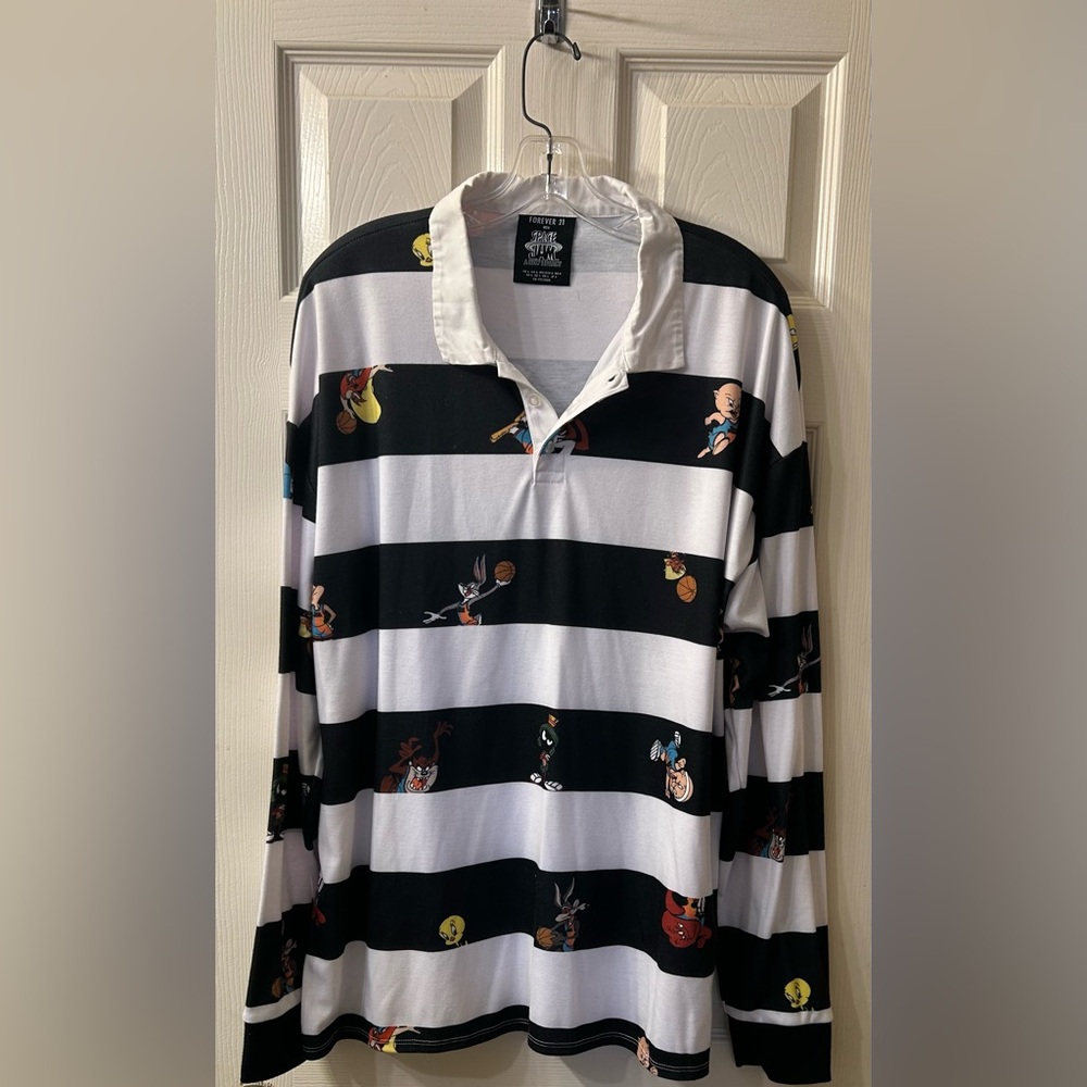 Black & White Striped Long-Sleeve Polo with Cartoon Motif